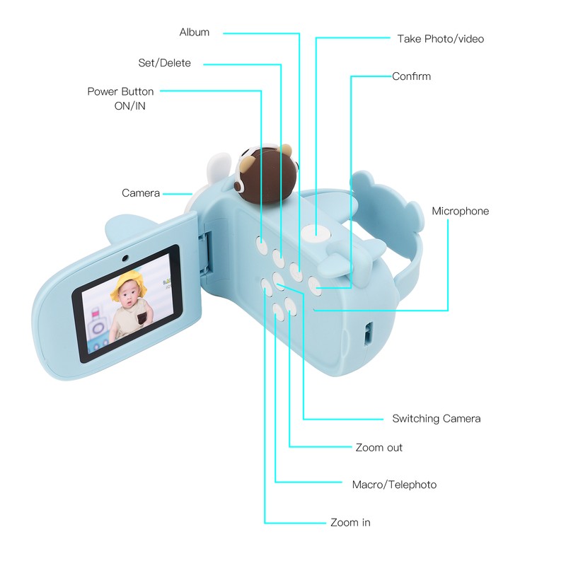 Kids Camera Cartoon Bear Blue Handheld DV 50 Million Dual