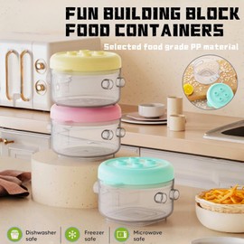 yikinb 3PCS Building Blocks Food Storage Containers with Lids,Bright Colors Mini Lunch Box,Airtight Leakproof Reusable Cute Snack Box Container for Kitchen, Picnic (Transparent Color)