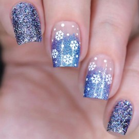 SINHOT Christmas Press on Nails Medium Square Fake Nails Glossy Glue on Nails Snowflakes Acrylic Nails Squoval Artificial Nails Blue Glitter Stick on False Nails with Design 24 pcs