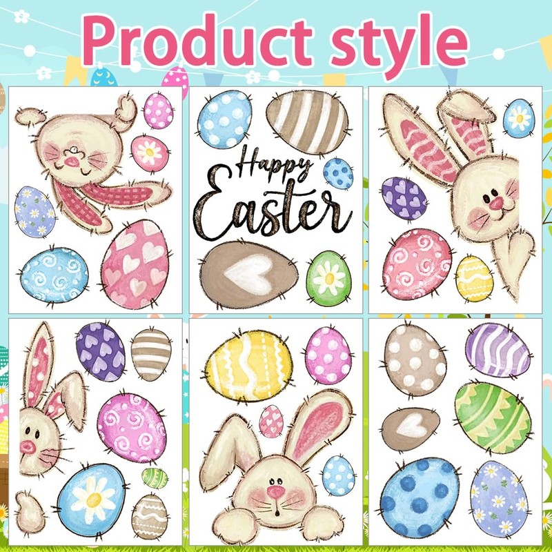 XOYTN 6 Sheets Easter Window Clings，Reusable Double-Sided Easter Bunny Rabbit