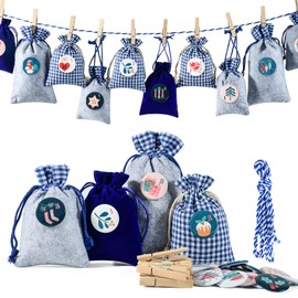 Advent Calendar Fabric Bags for DIY Filling, Christmas Calendar Felt Bags, 24 Large Gift Bag Chain For DIY Filling And Hanging, Blue Grey Fabric Bag for Children, Men
