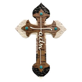 De Leon Collections 14234 Faith Brown and Cream Color 11.8 Inch Polyresin Southwestern Rustic Distressed Decorative Home Décor Hanging Sculpture Wall Cross