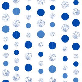 Blue White Floral Party Decoration Dusty Blue Circle Dot with Floral Printed Polka Dots Garland Streamer for Chinoiserie Birthday Baby Shower Wedding Engagement Bachelorette Party Decorations Supplies