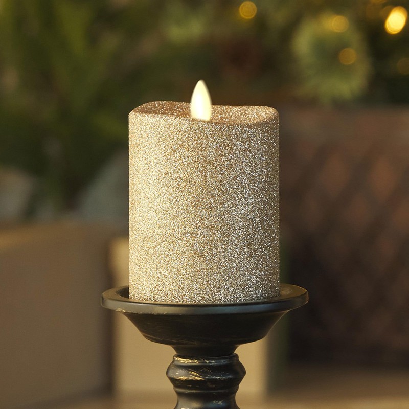 Luminara Realistic LED Moving Flame Pillar Candle, Gold Metallic Glitter,