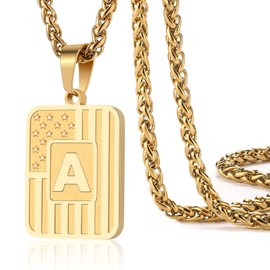 DuoDiner Letter A Initial Necklaces for Men Boys Teen Teenager, American Flag Pendent Chain Stainless Steel Dog Tag Male Necklace Jewelry Gifts (Gold)