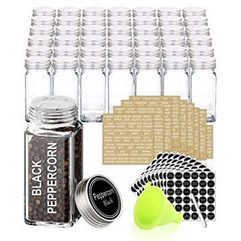SWOMMOLY 42 Glass Spice Jars with 703 Spice Labels, Chalk Marker and Funnel Complete Set. 42 Square Glass Jars 4oz, Airtight Cap, Pour/sift Shaker Lid