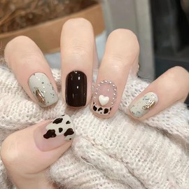 24 Pieces Square False Nails Cow Design False Nails Short False Nails Heart False Nails Pearl False Nails Shine False Nails Daily Decorative Art for Women and Girls