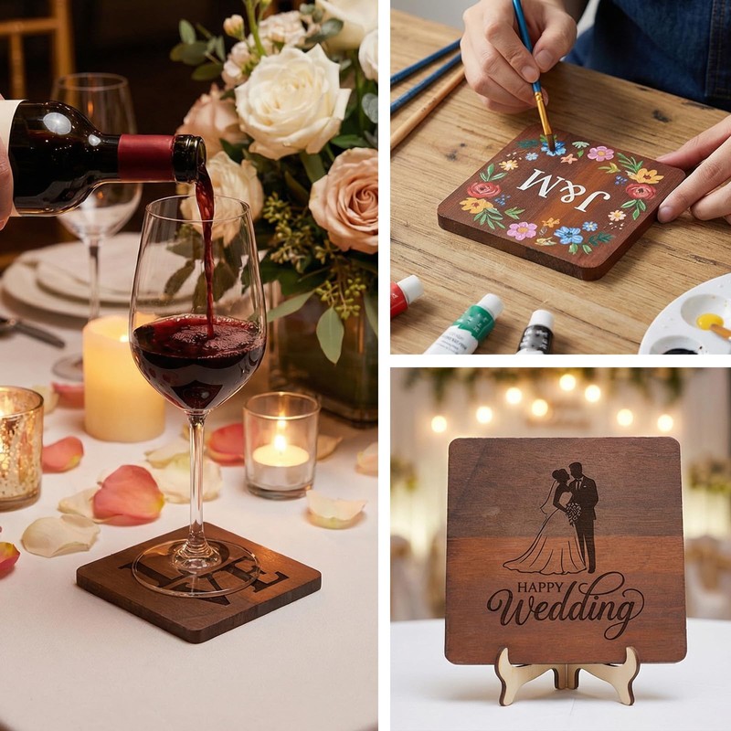 16 Pcs Square Acacia Wood Coasters, Acacia Wood Square Coasters