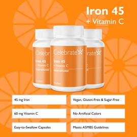Celebrate Vitamins Iron Supplement with Vitamin C - 45mg Iron, 60mg Vitamin C, Bariatric Vitamins for WLS Patients, Vertical Sleeve & Gastric Bypass Surgery (90 Capsules)