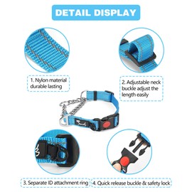 Dog Martingale Collar Chain, Half Check Dog Training Collar Reflective Adjustable, Heavy Duty Buckle Safety Dog Limited Slip Collar (M, Dark Blue)