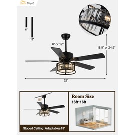 52" Black Crystal Ceiling Fan with Remote, Caged Chandelier Fan with light (No Bulbs Included), Quiet DC Motor for Dining Living Room Bedroom (Classic Black)
