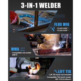 AZZUNO 135A MIG Welder 110v, 3 in 1 MIG Welder Machine Flux Core Welder/Lift TIG/Stick Welding Machine, Portable Wire Feed Welder, Gasless Welding Machine