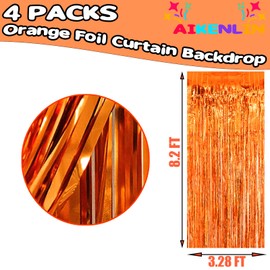 4 Pack 3.2Ft x 8.2Ft Orange Foil Fringe Curtain Backdrop, Metallic Tinsel Foil Fringe Streamers Curtains Background for Photo Booth, Birthday, Wedding, Disco, Bachelorette, Christmas Party Decoration