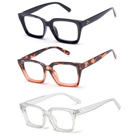 ZUVGEES Retro Style Square Reading Glass Big Eyeglass Frames Large lens 50mm (3 PACK （Black&Leopard&Transparent), 0.00