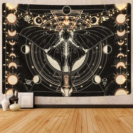 Yrendenge Moth Tapestry Black Wall Hanging Sun Moon Tapestry Natural Horoscope Wall Hanging Decorative Tapestry for Bedroom 210 x 150 cm