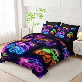 XYNHML Colorful Neon Off-Road Racing Truck Comforter 7Pcs Cool Speed Race Car Bedding Set for Kid Boy Girl Adult Extreme Sports Games Quilt Set Twin with 2 Sheets,2 Pillowcases,2 Throw Pillow Covers