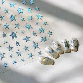 1 Sheets Blue Star Nail Decals for Nail Art Self-Adhesive Glitter Pentagram Nail Decoration Holographic Laser Celestial Nail Stickers 4th of July Star Nail Art Stickers for Women Manicure Supplies