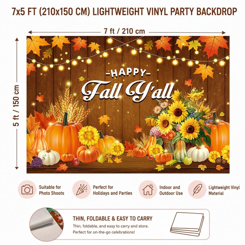 Happy Fall Y'all Backdrop 7x5ft Pumpkin Maple Leaves Thanksgiving Decor