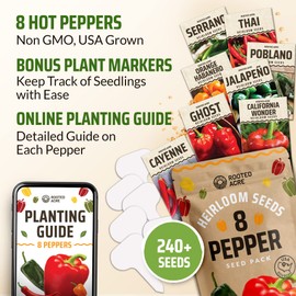 Rooted Acre 8 Varieties Hot Peppers – 240 Heirloom Seeds, High Germination – Includes Ghost, Jalapeño, Serrano, California Wonder & More – Spicy Pepper Garden Mix