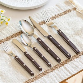 Rivet ABS Faux Wood Handle Silverware Set - 6-Piece Stainless Steel Flatware with Steak Knife, Fork, Spoon, Teaspoon, Dessert Fork and Butter Knife - Elegant Tableware Cutlery for Dining (Brown)
