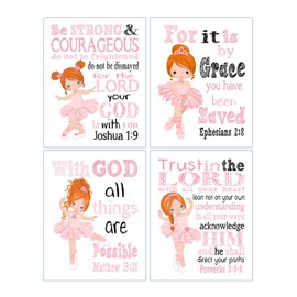 Pink Ballerinas with Red Hair Christian Nursery Decor Set of 4 Prints with Bible Verses