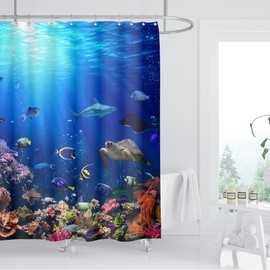 ZXMBF Ocean Underwater World Shower Curtain Colorful Tropical Fishes Turtle Coral in The Deep Sea Home Décor Waterproof Fabric 72Lx60W Inch Blue Plastic Hooks 12PCS