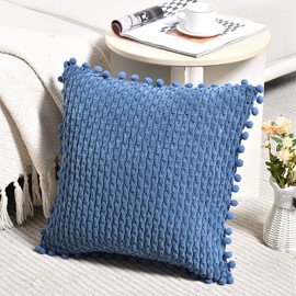 Fancy Homi Set of 2 Dusty Blue Decorative Throw Pillow Covers 18x18 Inch with Pom-poms for Couch Bed Sofa, Rustic Farmhouse Boho Home Decor, Soft Plush Corduroy Cute Cushion Case 45x45 cm