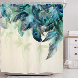 Riyidecor Teal Peacock Turquoise Feather Shower Curtain for Bathroom Decor 72Wx72H Inch Watercolor Green Leaf Bathtub Accessories for Women Girl Vintage Floral Panel Set Fabric Waterproof 12 Pack Hook