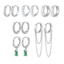 6 Pairs White Gold Plated Hoop Earrings Set 925 Sterling Silver Post Hypoallergenic Earring Twisted, CZ, Opal, Dangle Chain Huggie Earrings for Women