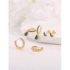 PiercingJak 3 Pairs Golden Earrings Set 14K Gold-Plated Stud Earrings with Green Zirconia Earrings for Women Hanging Huggie Hoop Earrings Small Hoop Rings Helix Tragus Ear Piercing Gold, Copper Cubic