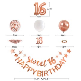 Rose Gold Sweet 16 Happy Birthday Banner Garland for Sweet 16 Decorations Hanging Sweet 16 Signs for Girls 16th Birthday Party Decor 16th Happy Birthday Party for Sweet Sixteen Party Supplies