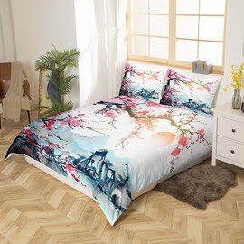 Feelyou Cherry Blossoms Bedding Set Full Size Kids Japanese Style Comforter Cover Set for Boys Girls Teens Fuji Mountain Decor Home Decor Duvet Cover Sakura Flower Bedspread Cover