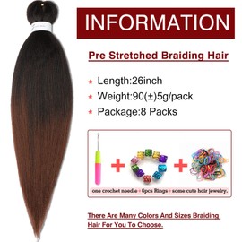 Pre-stretched Braiding Hair Extension Ombre Natural Black to Brown Professional Braiding Hair 26 Inch 8 Packs Hot Water Setting Professional Yaki Synthetic Hair For Twist Braids (26inch,#1B/30)