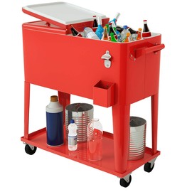 Giantex Rolling Cooler Cart, 80qt Outdoor Cooler with Locking Wheels, Storage Shelf, Bottle Opener, Drain Plug, Patio Beverage Bar Cooler Trolley Ice Chest for Party Cookouts BBQ (Red)