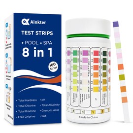 PoolTest strips 8-in-1 kit with 100 hot tub strips for above ground pools, spas and salt water minder - Tests pH, chlorine, bromine, alkalinity, hardness, cyanuric acid, salt