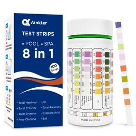 PoolTest strips 8-in-1 kit with 100 hot tub strips for above ground pools, spas and salt water minder - Tests pH, chlorine, bromine, alkalinity, hardness, cyanuric acid, salt