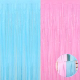 4 Pack Macaron Pink Blue Foil Fringe Curtain Backdrop, 3.28Ft x 6.56Ft Metallic Tinsel Foil Fringe Streamers for Photo Booth, Wedding Gender Reveal Backdrop Boy or Girl Birthday Party Decoration