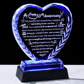 50th Wedding Anniversary Crystal Gifts for Couples, Romantic Heart Happy Golden Anniversary Keepsake Gift for Wife Parents with LED Light Base, 50 Years of Marriage for Her Him Party Decor