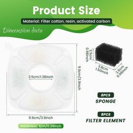 16PCS Cat Water Fountain Filters Replacement Set, 8 Pack Cat Fountain Filters with 8 Pack Sponges, Compatible with Veken 95oz/2.8L, 135oz/4L, 67oz/2L Pet Drinking Fountains, Triple Filtration System