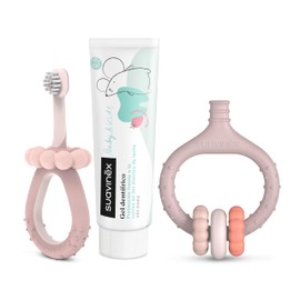 Suavinex, Starter-Set zur Zahnpflege, inkl. Zahnbürste für Babys + Zahnfleischmassagegerät + Zahnpasta für Babys, als Geschenk, ergonomische Griffe, für den täglichen Gebrauch, ab 0 Monaten, Rosa