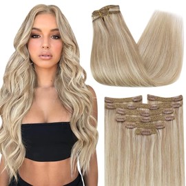 Sunny Short Clip in Hair Extensions Real Human Hair Blonde Clip in Hair Extensions Human Hair Ash Blonde Highlights Bleach Blonde Clip in Extensions Remy Hair Blonde Hair Extensions 80g 5pcs 12inch