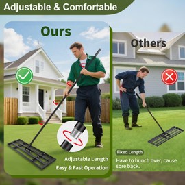 Lawn Leveling Rake-17''x10 Heavy Duty Leveler Reinforced Landscape Tool, Steel Lawn Rake with Serrated Edge & Smooth Plate for Level Soil Compost Sand Grass Dirt Yard Garden 6.5FT Adjustable Handle