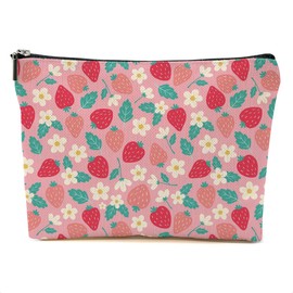 Cute Flowers Strawberry Makeup Bag Floral Cosmetic Bag Friend Friendship Gifts for Women Girls Sister Bestie Coworker Botanical Travel Organizer Zipper Pouch Christmas Thanksgiving Birthday Gifts