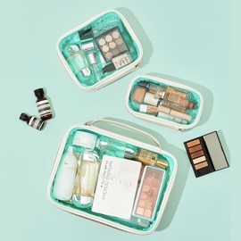 ROWNYEON Clear Makeup Bag Set of 3,Leather Waterproof Cosmetic Bag,Travel Makeup Bag for Women,Portable Toiletry Bag Train Case with Zipper Handle White