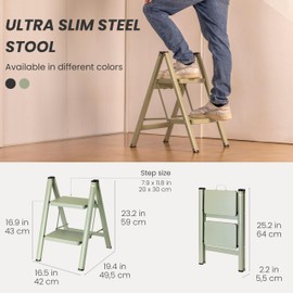 Vigar Step Ladder, Two-Step Stool Foldable up to 330 Pound, Lightweight, Non-Slip Steel Ladder with Metal Handle, Folding Ladders for Home, Green