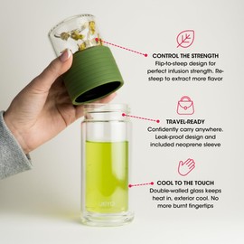 Ukiyo Sense Premium Double-Wall Glass Tea & Fruit Infuser Bottle - Travel Tumbler with Stainless Steel Filter and Neoprene Sleeve