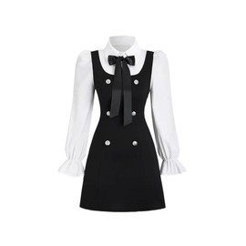 Women Short Dresses 2 in 1 Colorblock Turndown Collar Lantern Sleeve Black Suit Cute Dress (US, Alpha, X-Large, Regular, Regular, Black)
