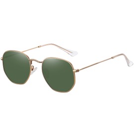 MEETSUN Polarized Hexagon Sunglasses for Women Men Polygon Small Square Sun Glasses UV400 Protection Metal Frame Gold Frame-Dark Green Lens