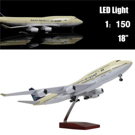 24-Hours 18” 1:130 Airplane Model Saudi Arabia Boeing 747 Model Plane with LED Light(Touch or Sound Control) for Decoration or Gift