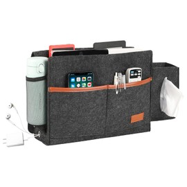 Surblue Bedside Caddy Felt Storage Organizer Hanging Bag with Tissue Box and Water Bottle Pocket for Mattress, Sofa, Bunk Bed, Dark Gray